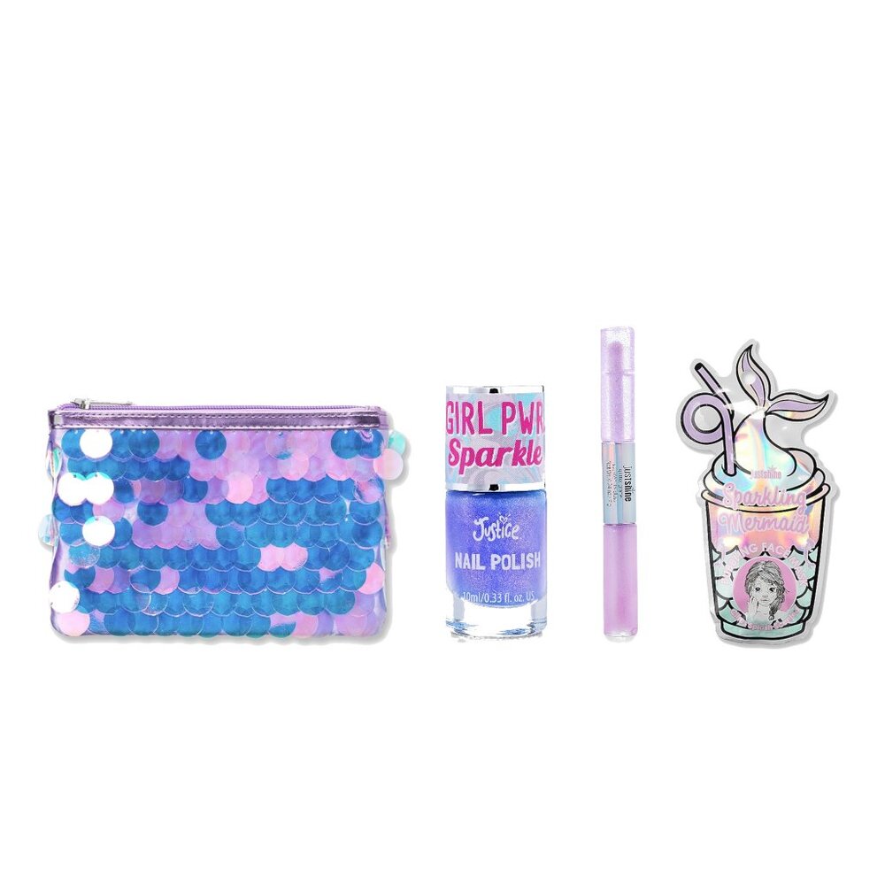 Justice For Girls Mermaid 4pc Lip Gloss Nail Polish Mask Cosmetic Bag Set